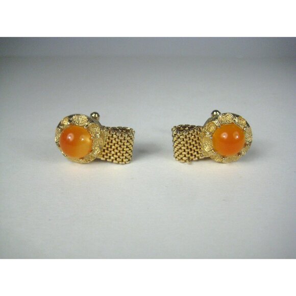 Vintage 1970s Thermoplastic Gold Tone Mesh Cufflinks Orange Cabochon Jewelry - Picture 2 of 5